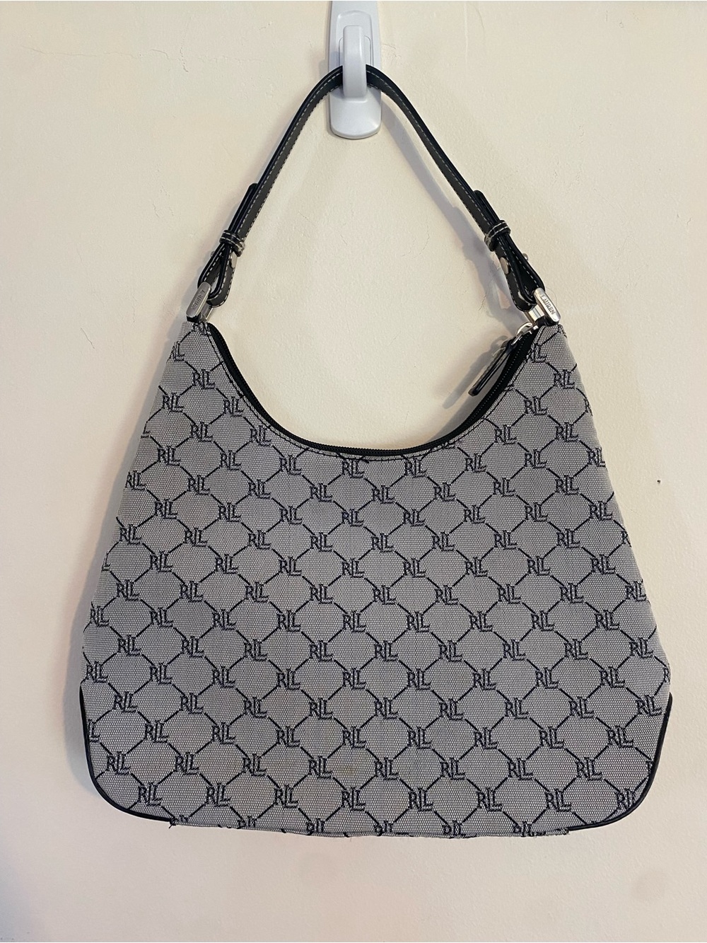 Vintage Ralph Lauren Gray Monogram Canvas Hobo Shoulder Bag Y2K  black trim
